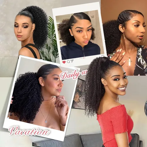 Miniatura 7 de Extensión de cola de caballo de cabello humano de 12 pulgadas con cordón rizado profundo para mujeres negras, extensión rizada 3C, color negro