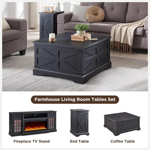 Miniatura 6 de JXQTLINGMU Farmhouse - Mesa auxiliar elevable con gran almacenamiento, mesa cuadrada de madera de 36 pulgadas con compartimento oculto, mesa