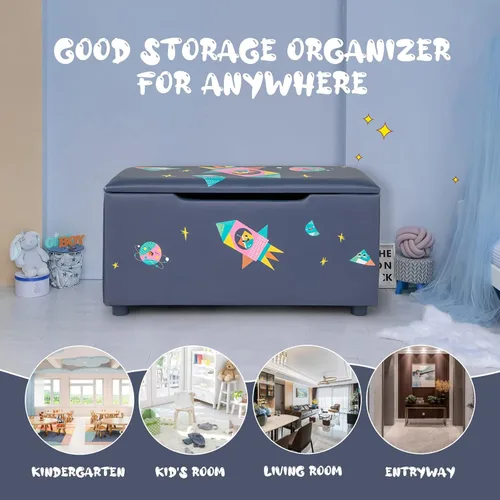 Miniatura 4 de HONEY JOY Caja de juguetes de madera para niños, baúl grande 2 en 1 de almacenamiento de juguetes con asiento acolchado acolchado, asas de Azul