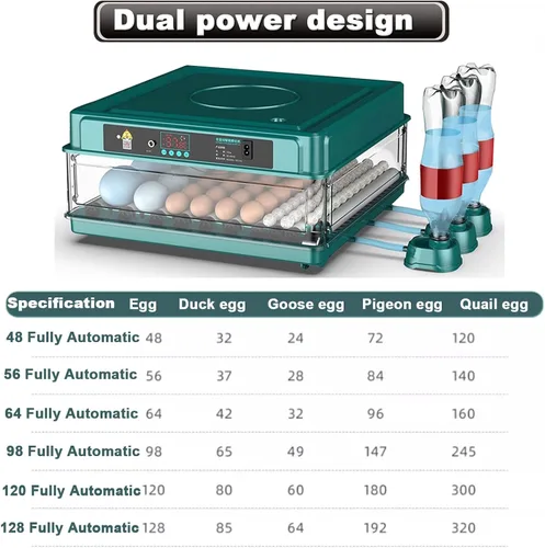 Miniatura 7 de Incubadora de huevos, 120/128 huevos de gallina automática con girador automático de huevos, pantalla digital LED, incubadora de control de humedad