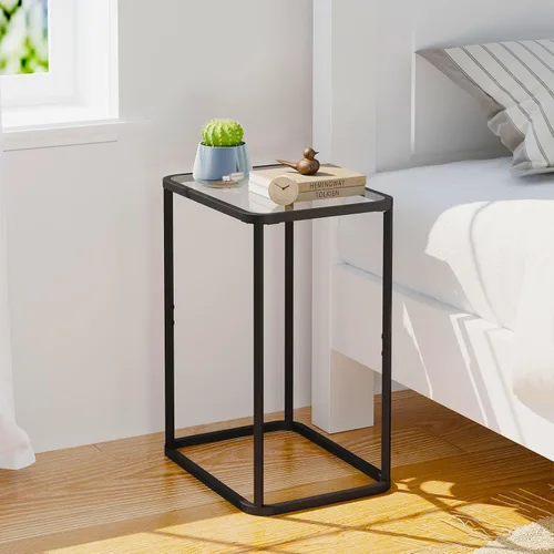 Miniatura 7 de Garden 4 you Mesa auxiliar de cristal, mesa auxiliar rectangular con marco de metal, moderna mesita de noche para oficina, dormitorio, sala de Negro