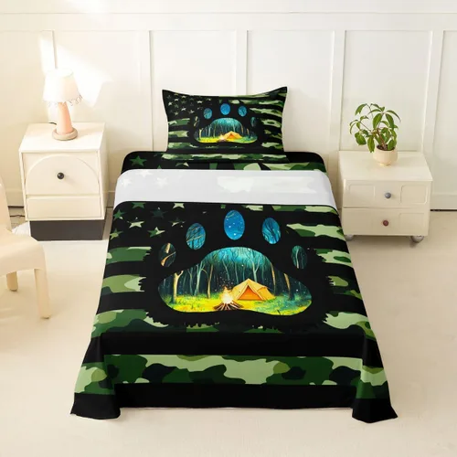 Erosebridal American Flag Bed Sheets Twin Army Green Camo Deep Pocket Fitted Sheet for Kids Boys Girls Bear Claw Hunting Theme Bedding Set Camoflage