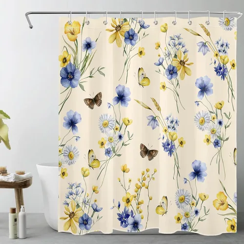 EOBTAIN Cortina de ducha floral de acuarela para baño, margaritas y mariposas sobre tela beige con 10 ganchos, juego de cortinas de baño rústicas