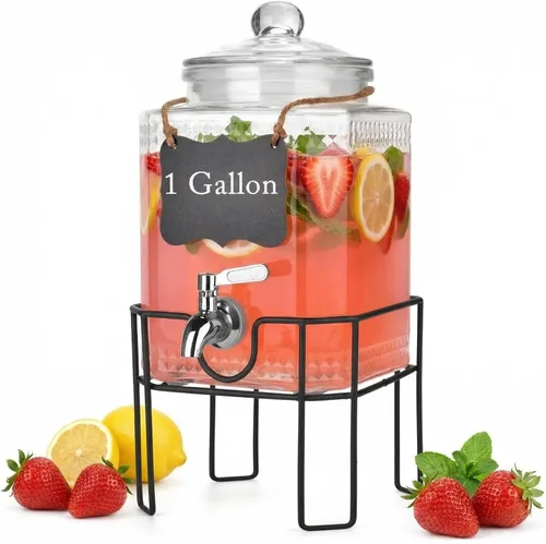 Dispensador de bebidas, dispensadores de bebidas para fiestas, dispensador de bebidas de vidrio de 1 galón con soporte y tapa de vidrio, grifo 100%