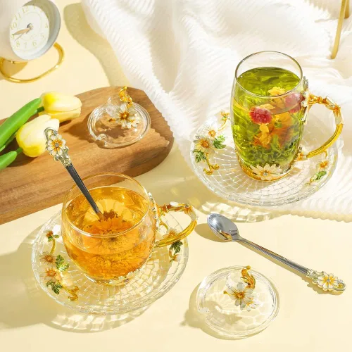 Miniatura 3 de Regalo para Mujeres Navidad Cumpleaños Día de la Madre Taza de Té de Vidrio con Tapa Bonita Taza de Café Margarita Flor Vintage (11oz YellowDaisy)
