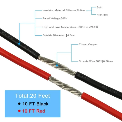 Miniatura 3 de BNTECHGO Cable de silicona calibre 12, 10 pies rojo y 10 pies negro, cable flexible de cobre estañado trenzado 12 AWG Alambre de silicona rojo