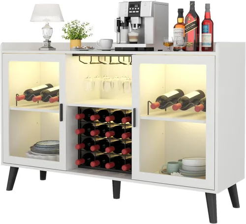 Auromie Gabinete de bar de vinos con luz LED, gabinete de café para el hogar con estante para vino y vidrio, aparador de cocina con estantes de