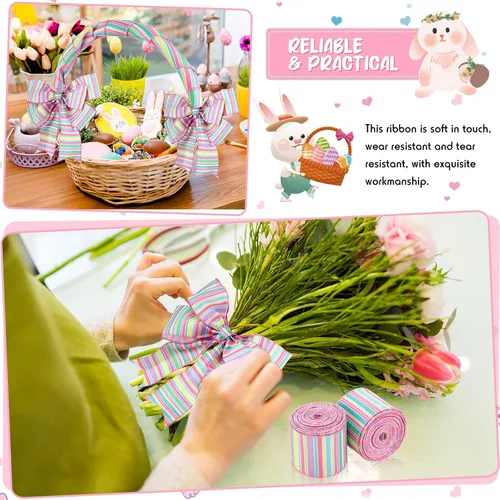 Miniatura 4 de Dingion 2 rollos de 20 yardas de cinta con alambre de resorte pastel con alambre de rayas con borde de cinta horizontal, lienzo de primavera