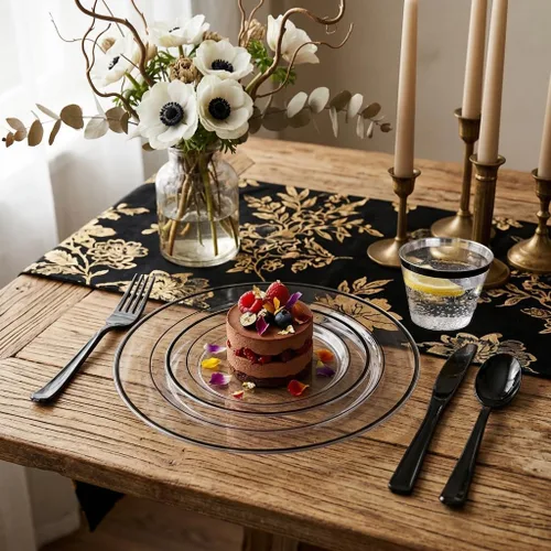 Miniatura 9 de I00000 El juego de vajilla de plástico negro de 210 piezas para 30 invitados incluye: 30 platos llanos, 30 platos de postre, 30 servilletas
