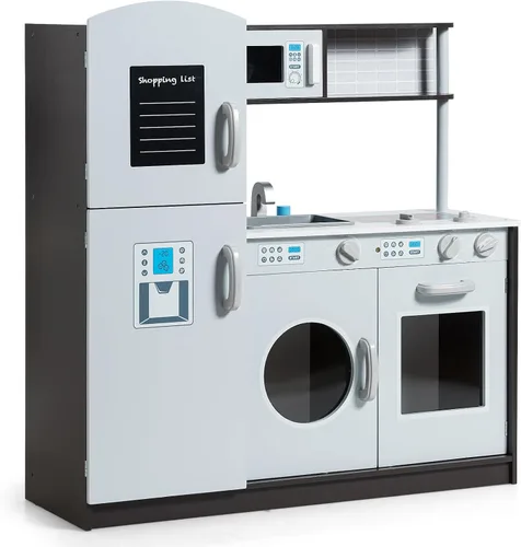 Costzon Cocina de Juguete para Niños, Juego de Cocina de Madera para Niños con Sonido Realista, Microondas, Horno, Lavadora, Refrigerador,