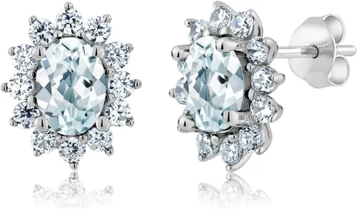 Miniatura 51 de Gem Stone King Aretes ovalados de plata de ley 925 de 0.276 x 0.197 in con piedra natal de la princesa Diana, estilo halo real para mujeres