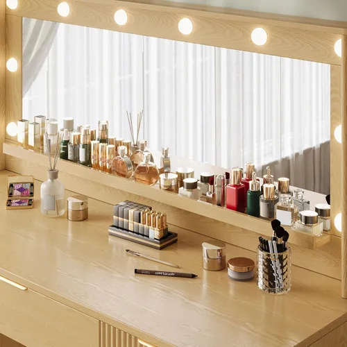 Miniatura 3 de Mesa de tocador estriada para maquillaje con espejo grande de 39.3" y luces, tocador de madera de 48.8", mesa de tocador grande, mesa de tocador
