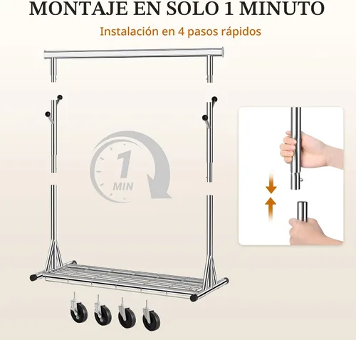 Miniatura 5 de Gewudraw Perchero resistente para ropa con capacidad de carga de 240 kg, estante de ropa de metal con ruedas y estantes resistentes, perchero Plata