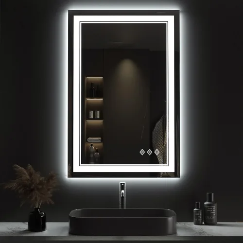 Miniatura 13 de Espejo LED, 20 x 28 pulgadas, gradiente frontal y retroiluminado LED, espejo de baño LED de 3 colores regulables CRI>90, IP54, espejo de baño