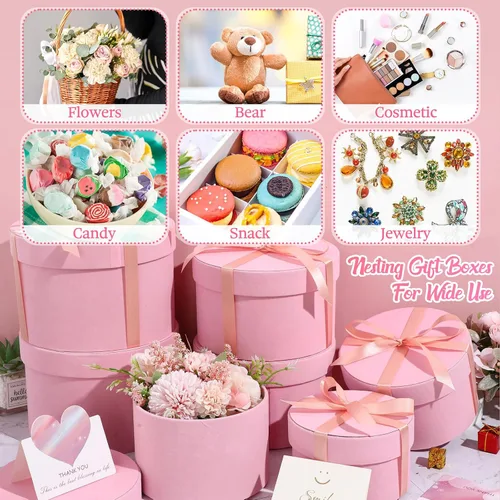 Miniatura 4 de Tenceur 8 cajas de regalo redondas con tapas, cintas para arreglos, 4 tamaños surtidos, cajas de regalo de terciopelo para flores, regalos, bodas