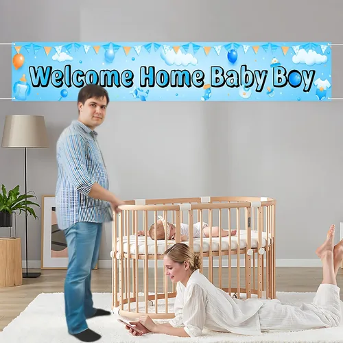 Miniatura 4 de Labakita Cartel de bienvenida a casa para bebé niño, pancarta grande para baby shower, decoración azul para baby shower, revelación de género