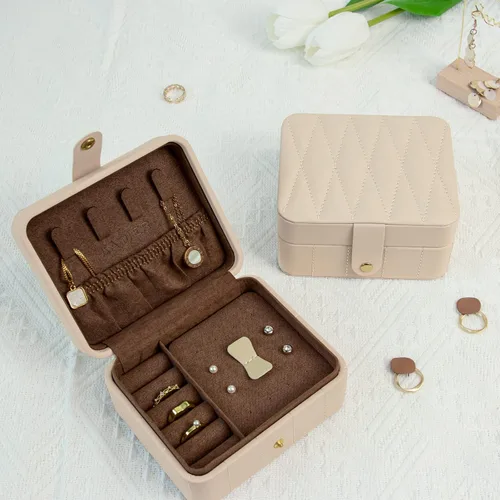Miniatura 7 de KAMIER Joyero de viaje, de cuero acolchado con diamante, cajas de joyería portátiles para mujeres y niñas, organizador pequeño para collares