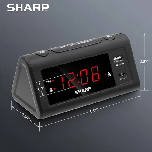 Miniatura 6 de Reloj de Alarma Sharp para Dormitorios, Carga USB-C Super Rápida y Carga USB de 2 Amperios Rápida, 2 Alarmas, Atenuador de 3 Pasos, Función Reposo