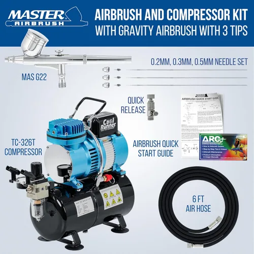 Miniatura 2 de Master Airbrush Cool Runner II Kit de aerógrafo y compresor con ventilación dual y tanque, con pincel de aire por gravedad con 3 puntas