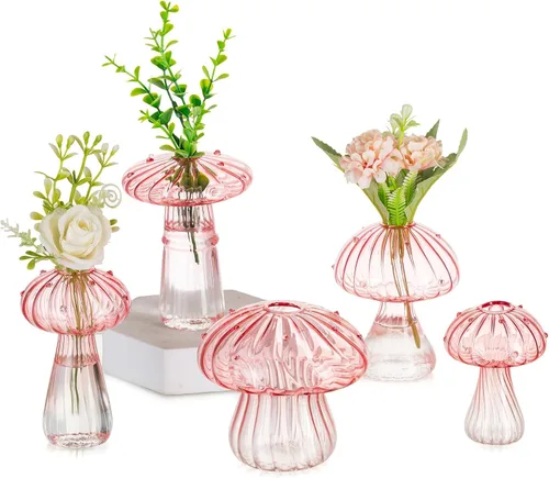 Miniatura 12 de Glasseam Jarrón de Seta de Cristal Ámbar: Lindo Juego de Jarrones Pequeños para Flores de 5 Jarrones Únicos Mini para Capullos para Centros de Mesa