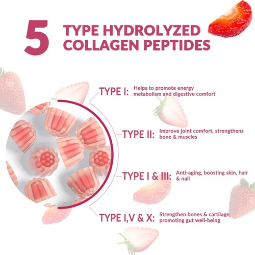 Miniatura 5 de Gominolas de colágeno sin azúcar para mujeres, proteína de colágeno tipo I, II, III, V, X con biotina, vitamina C, D, B12, gomitas de péptidos