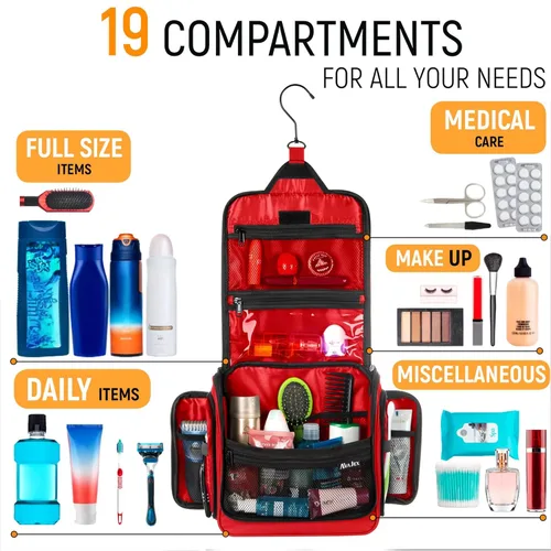 Miniatura 7 de Bolsa de aseo de viaje para hombres y mujeres - Organizador grande colgante de artículos de tocador - Bolsa de higiene impermeable con gancho L Rojo