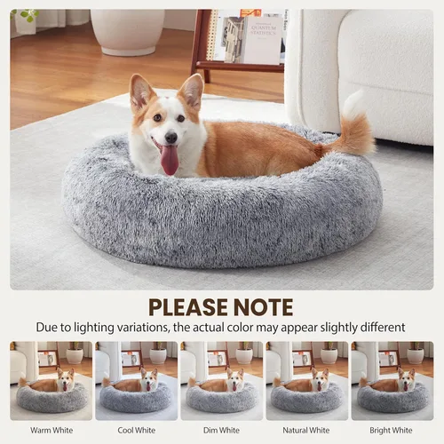 Miniatura 8 de Cama para perros en forma de dona, tamaño mediano, camas redondas para perros y gatos pequeños y medianos con piel sintética esponjosa lavable, Gris