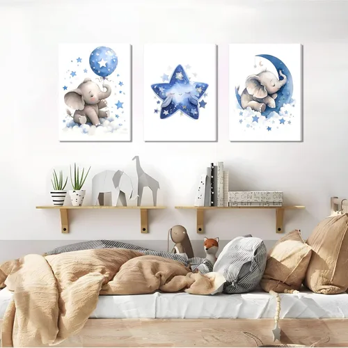 Miniatura 7 de Juego de 3 Arte de Pared en Lienzo para Cuarto de Bebé Niño, Pintura de Decoración de Pared con Imagen de Elefante Azul Luna y Estrellas, Lindos