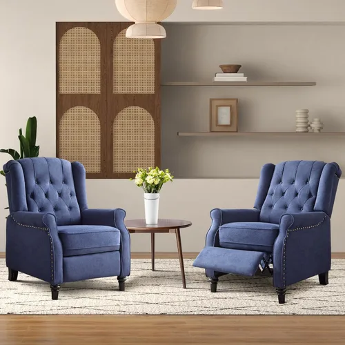 Miniatura 8 de Bonzy Home Sillón reclinable orejero de empuje hacia atrás, sillón tapizado de respaldo alto con patas de madera maciza, decoración con remaches