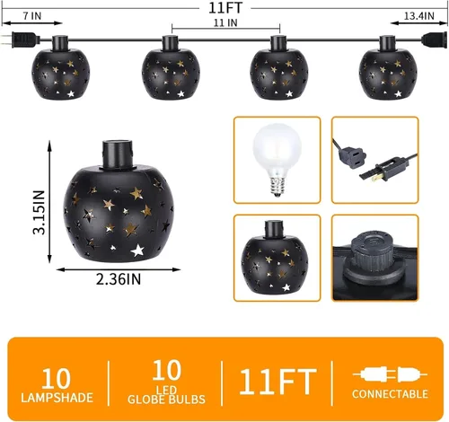 Miniatura 2 de Vigdur Guirnalda de luces tipo farol, tira de luces de estrella enchufable con 10 bombillas G40 transparentes y pantallas de plástico de estrella
