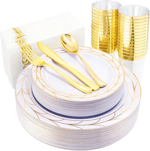 COLOSUS El juego de 175 platos desechables de plástico dorado y cubiertos incluye platos llanos de plástico/plato de postre/cubiertos