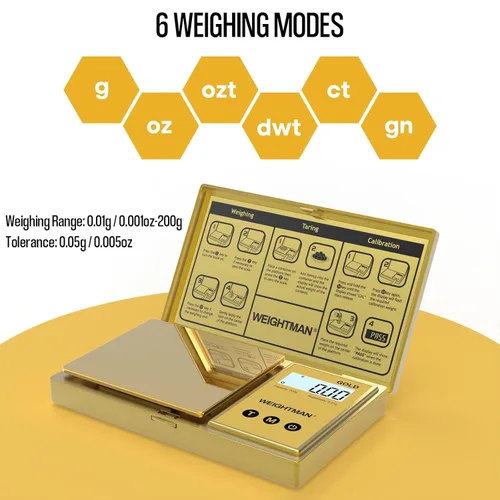 Miniatura 3 de WEIGHTMAN Báscula digital gramos, escala de bolsillo de 7.05 oz/0.00 oz, chapado en titanio dorado, pantalla LCD retroiluminada, mini báscula