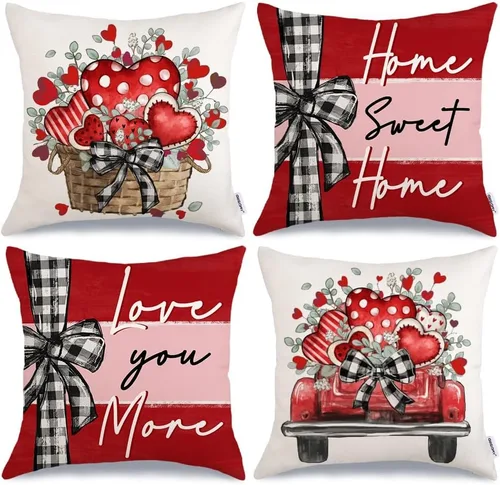 Miniatura 9 de GEEORY Fundas de almohada para el día de San Valentín "Te quiero más, sé mío" 18x18 pulgadas, juego de 4, corazones rojos, camiones, rayas, a