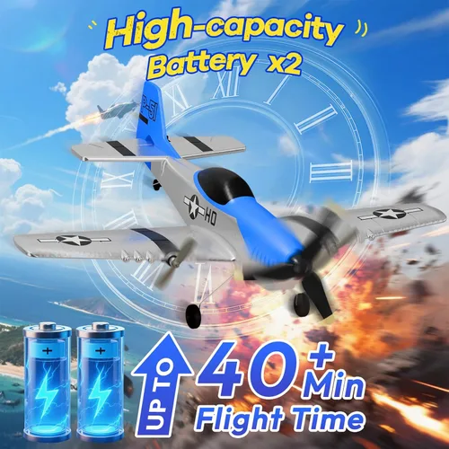 Miniatura 6 de AIGIMU Avión RC, avión RC de 2.4 GHz para niños principiantes, avión de control remoto de 3 canales con giroscopio de 6 ejes P51 avión de control