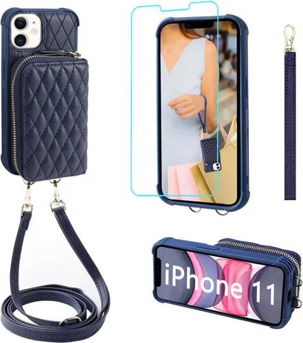 MONASAY Funda tipo cartera con cremallera para iPhone 11, protector de pantalla de cristal, bloqueo RFID, funda de cuero con tarjetero y correa Azul