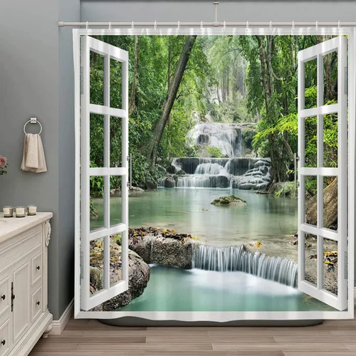 Cortina de ducha con diseño de cascada de bosque, primavera, naturaleza, paisaje, verde, tropical, selva, selva, río, piedra, paisaje, juego de