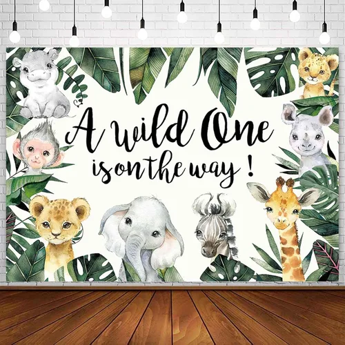 Wild One - Telón de fondo para baby shower, decoración de fondo de fiesta de safari en la selva, vegetación tropical, animales de zoológico, niños,