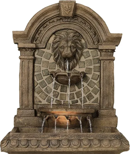 Miniatura 6 de Royal Lions Head - Fuente de suelo italiana grande de 51 pulgadas de alto para decoración al aire libre de piedra sintética con estatua de luz