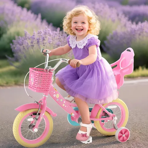 Miniatura 8 de XJD Bicicleta para niñas de 2 a 12 años, bicicleta para niños de 12, 14 y 16 pulgadas, con ruedas de entrenamiento, serpentinas, cesta y asiento
