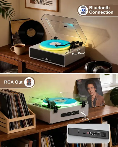 Miniatura 4 de Reproductor de discos con cuatro bocinas estéreo integradas, tres modos de iluminación LED, cartucho AT-3600L, reproductor de vinilos todo en uno
