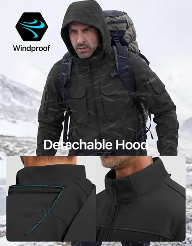 Miniatura 6 de FREE SOLDIER Chaqueta impermeable Softshell con forro polar para hombre, chaqueta táctica militar con capucha rompevientos