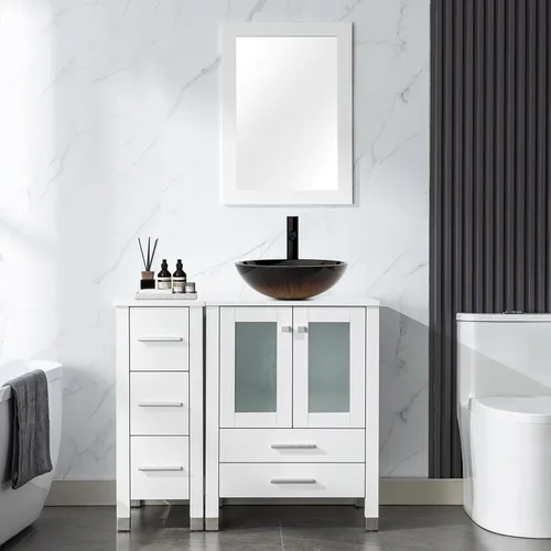 LUCKWIND 36" Bathroom Vanity Combo with Sink, 24"+12.6" Width, Painted Bathroom Storage Cabinet with 5 Drawers, Including Tempered Glass Round