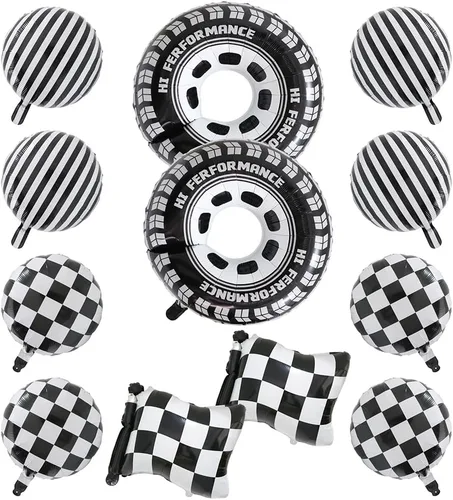 Miniatura 8 de 12 globos de aluminio de automóvil de carreras blanco y negro, globos a cuadros con bandera a cuadros y globos de neumáticos de rueda caliente