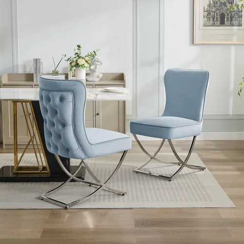 Miniatura 6 de WUTUTUEE Sillas de Comedor de Terciopelo de Lujo, Sillas de Acento Tapizadas Capitoné sin Brazos con Patas de Metal Plateado en X, Juego de 2 Sillas