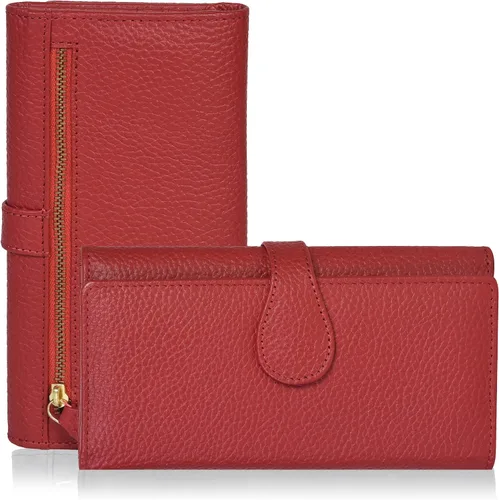 Miniatura 10 de Cartera de cuero genuino para mujer de cuero con bloqueo RFID - Tarjetero triple de diseñador para damas tipo clutch con ventana de identificación