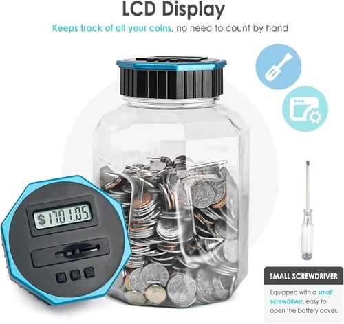 Miniatura 4 de Alcancía X-Large para adultos y niños, Vcertcpl banco digital contador de monedas con contador LCD, capacidad de 2.4L, excelente banco contador