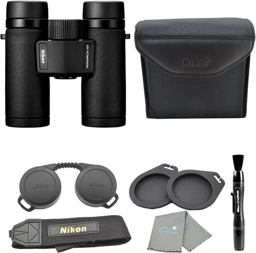 Nikon Monarch M7 - Paquete de prismáticos negros de 8 x 30 (16763) con bolígrafo de lente y paño de limpieza, binoculares compactos para adultos