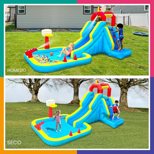Miniatura 2 de Tobogán acuático inflable, Tobogán de agua inflable con pared de escalada, Tobogán de agua para niños en el patio trasero con aro de baloncesto
