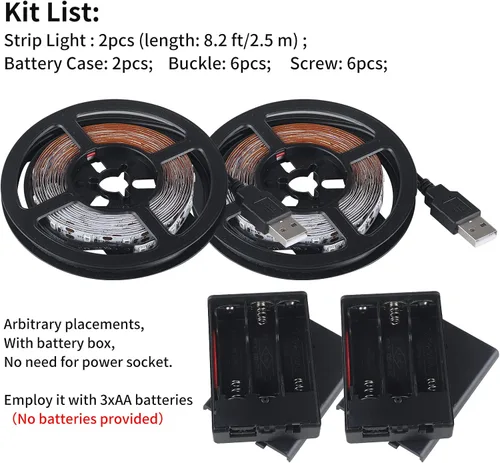 Miniatura 7 de Tira de luz LED USB de 6500 K con caja de batería, tira de luces blancas de luz diurna de 16.4 pies para debajo del gabinete, cortables