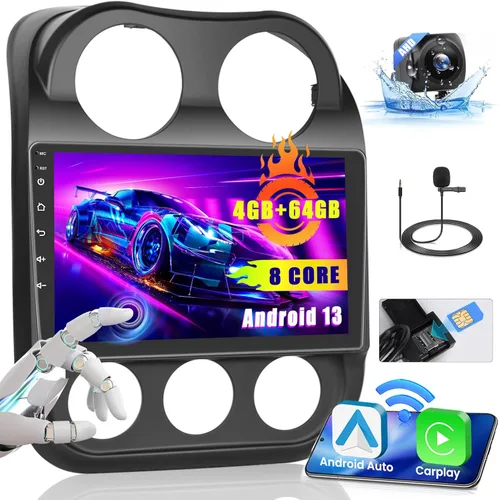 Miniatura 9 de [4+128G] Android 15 Estéreo de coche para Jeep Compass Patriot 2010-2016, 10 pulgadas en celda pantalla táctil brújula radio inalámbrico Carplay